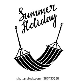 Summer holiday handwritten, hammock black silhouette isolated