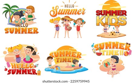 Summer holiday and happy kids logo illustration