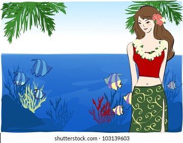 Summer Holiday and Happy Travel - enjoy relaxed lifestyle with beautiful young female in tropical island resort background with bright blue sky and calm sea : vector illustration