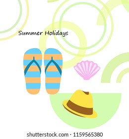 summer holiday hat flip flops seashell vector background