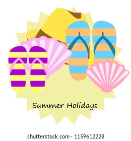 summer holiday hat flip flops seashell vector background