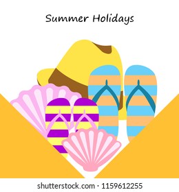 summer holiday hat flip flops seashell vector background