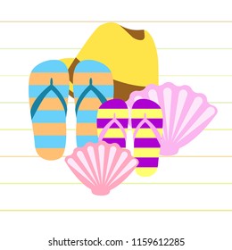 summer holiday hat flip flops seashell vector background
