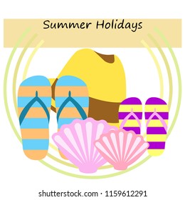 summer holiday hat flip flops seashell vector background