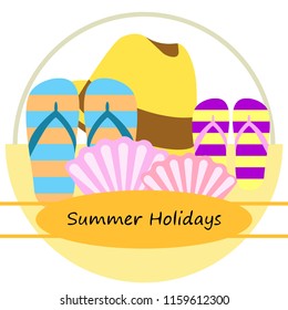 summer holiday hat flip flops seashell vector background