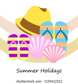summer holiday hat flip flops seashell vector background