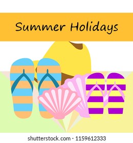 summer holiday hat flip flops seashell vector background