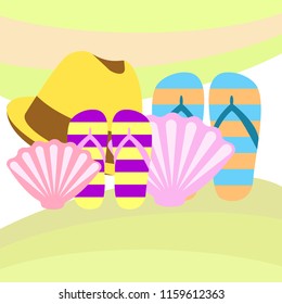 summer holiday hat flip flops seashell vector background