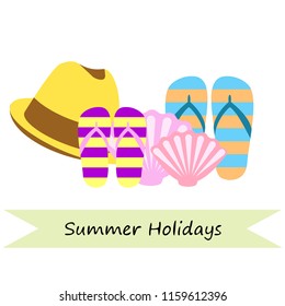summer holiday hat flip flops seashell vector background