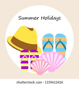 summer holiday hat flip flops seashell vector background