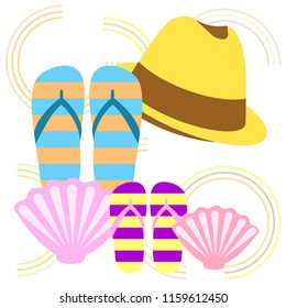 summer holiday hat flip flops seashell vector background