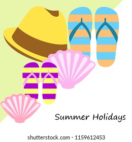 summer holiday hat flip flops seashell vector background