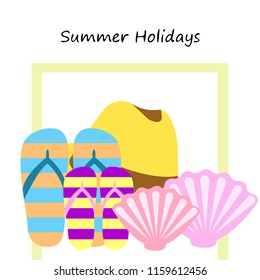 summer holiday hat flip flops seashell vector background