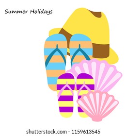 summer holiday hat flip flops seashell vector background