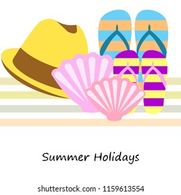 summer holiday hat flip flops seashell vector background