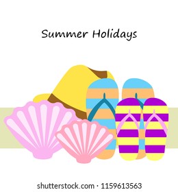 summer holiday hat flip flops seashell vector background