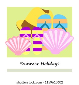 summer holiday hat flip flops seashell vector background