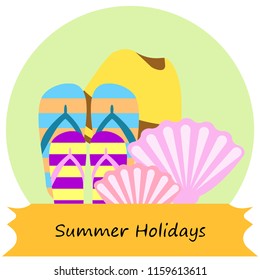 summer holiday hat flip flops seashell vector background