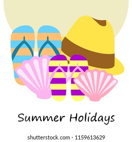 summer holiday hat flip flops seashell vector background