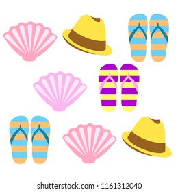 summer holiday hat flip flops seashell vector background