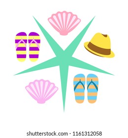 summer holiday hat flip flops seashell vector background