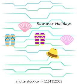 summer holiday hat flip flops seashell vector background