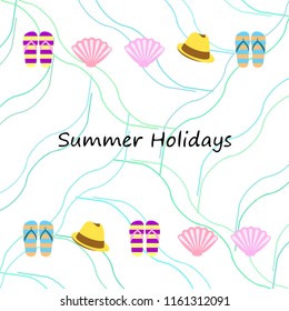 summer holiday hat flip flops seashell vector background