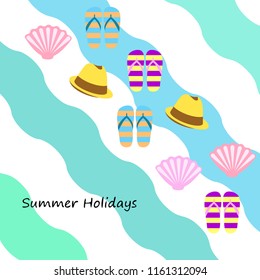 summer holiday hat flip flops seashell vector background