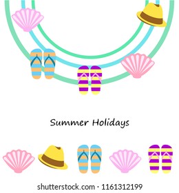 summer holiday hat flip flops seashell vector background