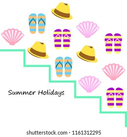 summer holiday hat flip flops seashell vector background