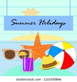 summer holiday hat flip flops seashell vector background