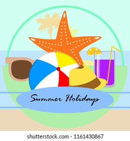 summer holiday hat flip flops seashell vector background