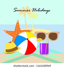 summer holiday hat flip flops seashell vector background