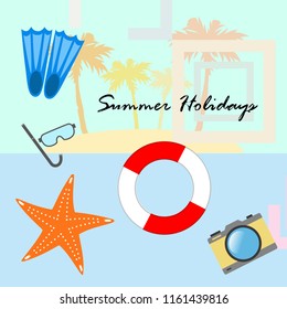 summer holiday hat flip flops seashell vector background