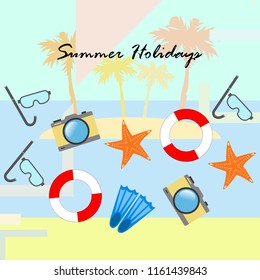 summer holiday hat flip flops seashell vector background
