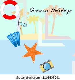 summer holiday hat flip flops seashell vector background