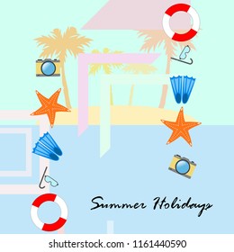 summer holiday hat flip flops seashell vector background
