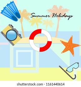 summer holiday hat flip flops seashell vector background