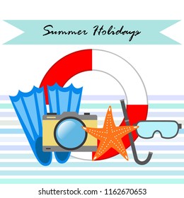 summer holiday hat flip flops seashell vector background