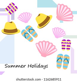 summer holiday hat flip flops seashell vector background