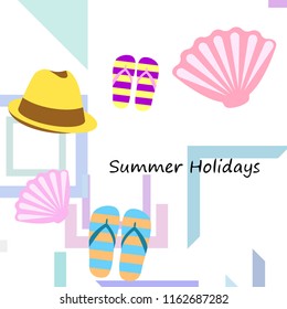 summer holiday hat flip flops seashell vector background