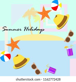 summer holiday hat flip flops seashell vector background