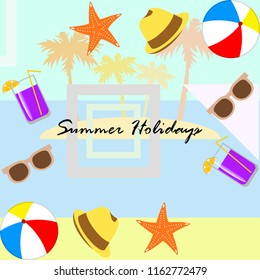 summer holiday hat flip flops seashell vector background