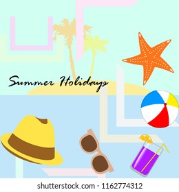 summer holiday hat flip flops seashell vector background