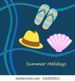 summer holiday hat flip flops seashell vector background