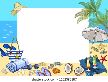 Summer holiday horizontal card with beach elements. Vector illustration.