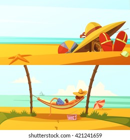 Summer holiday horizontal cartoon banners set with beach wears and equipment isolated vector illustration