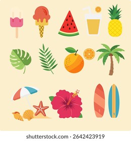 Summer Holiday Icon Bundle com frutas tropicais, elementos de praia, palmeiras, pranchas de surf, sorvete, flores e folhas. Vetor plano colorido para projetos de viagem, férias e design de verão