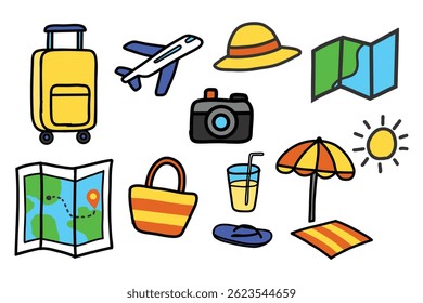 summer holiday icon pack colored hand drawn travel beach sunny map camera sandals hat