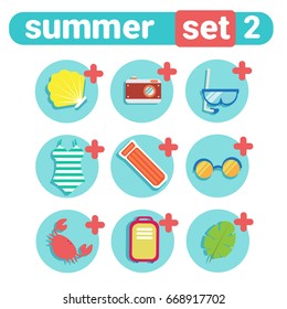 Summer Holiday Icon Set Beach Vacation Concept Travel Stuff Collection Vector Illustration
